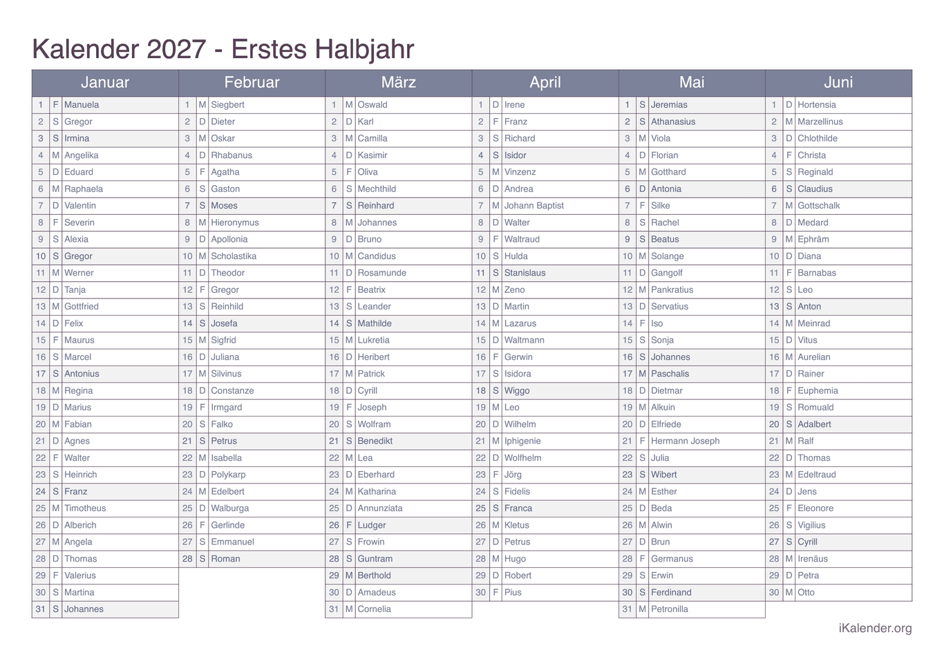 Halbjahres- Namenstagskalender 2027 - Office