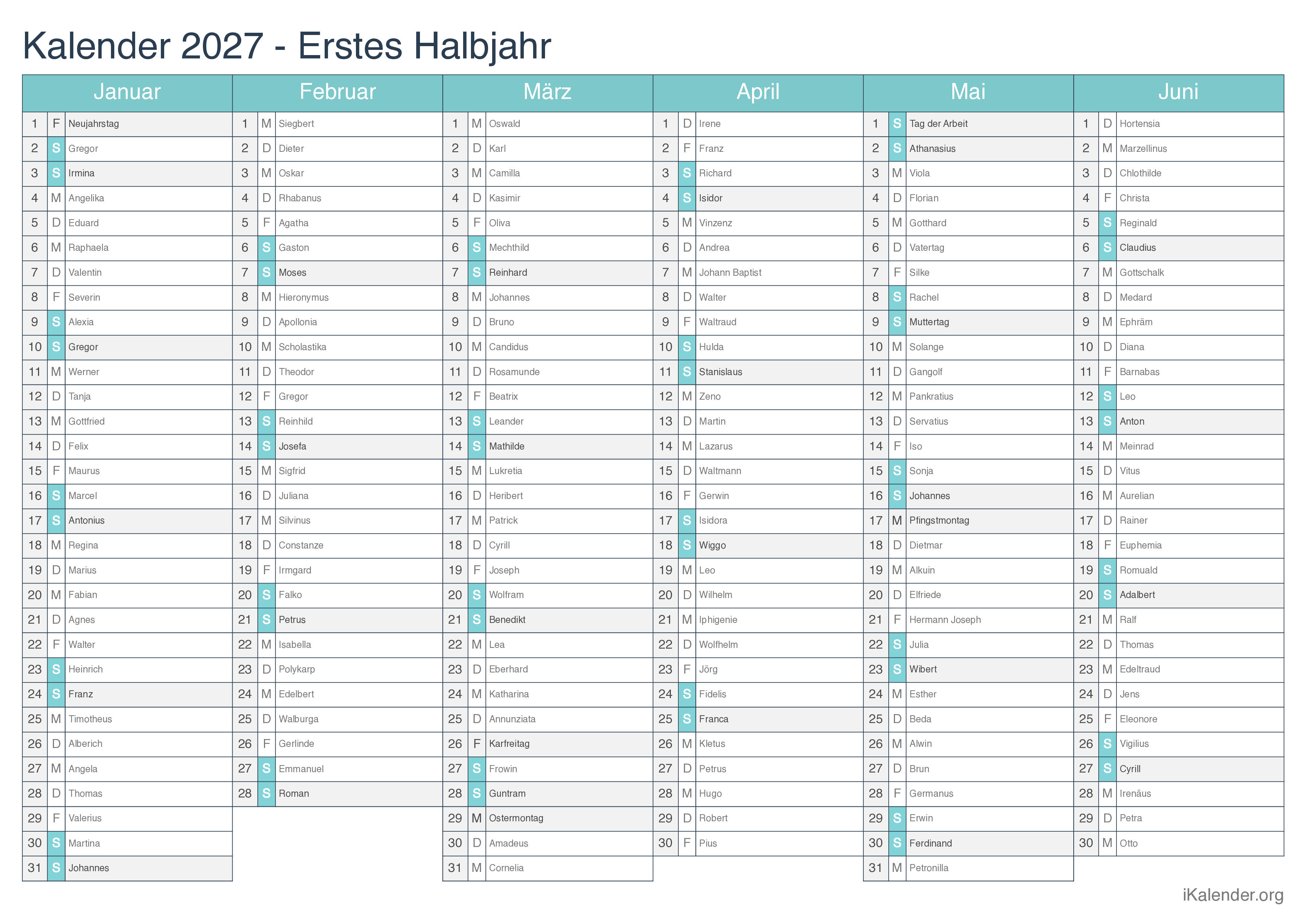 Halbjahres- Namenstagskalender 2027 - Turkis