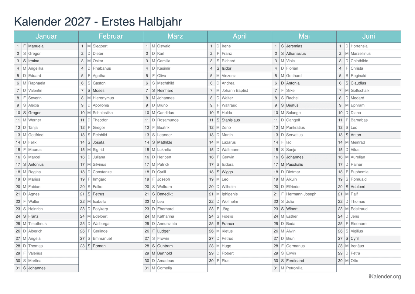 Halbjahres- Namenstagskalender 2027 - Turkis