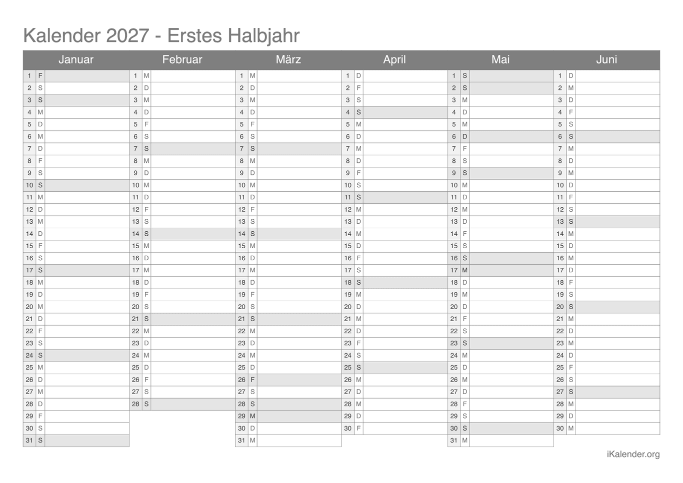 Halbjahreskalender 2027