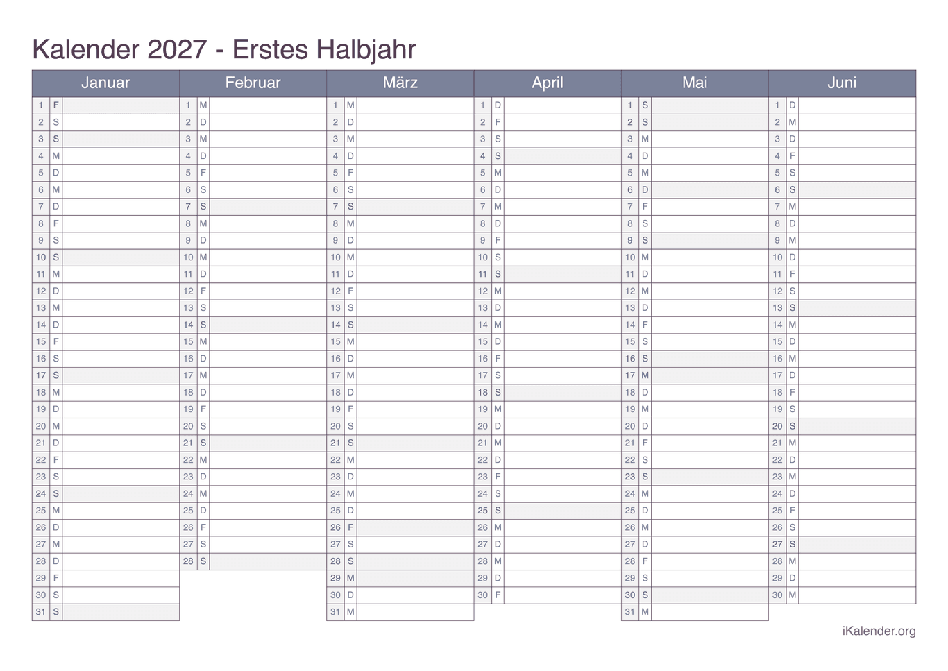Halbjahreskalender 2027 - Office