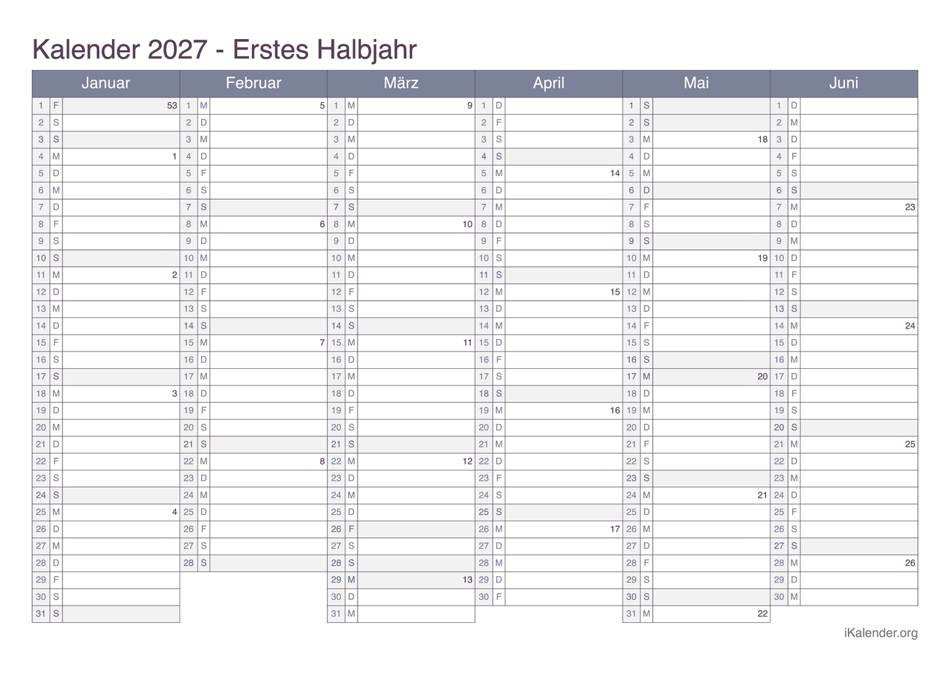 Halbjahreskalender mit Wochennummern 2027 - Office