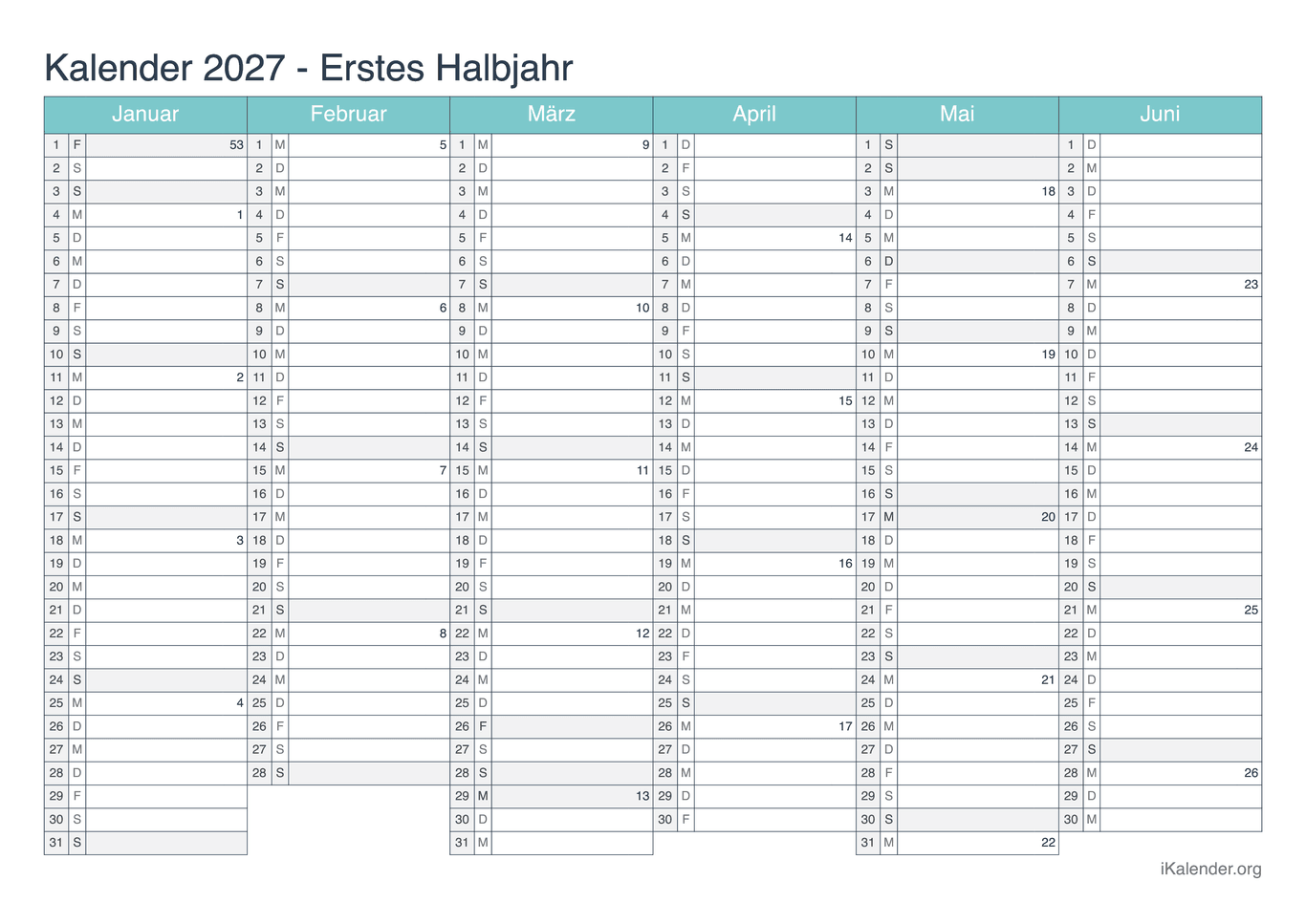 Halbjahreskalender mit Wochennummern 2027 - Turkis