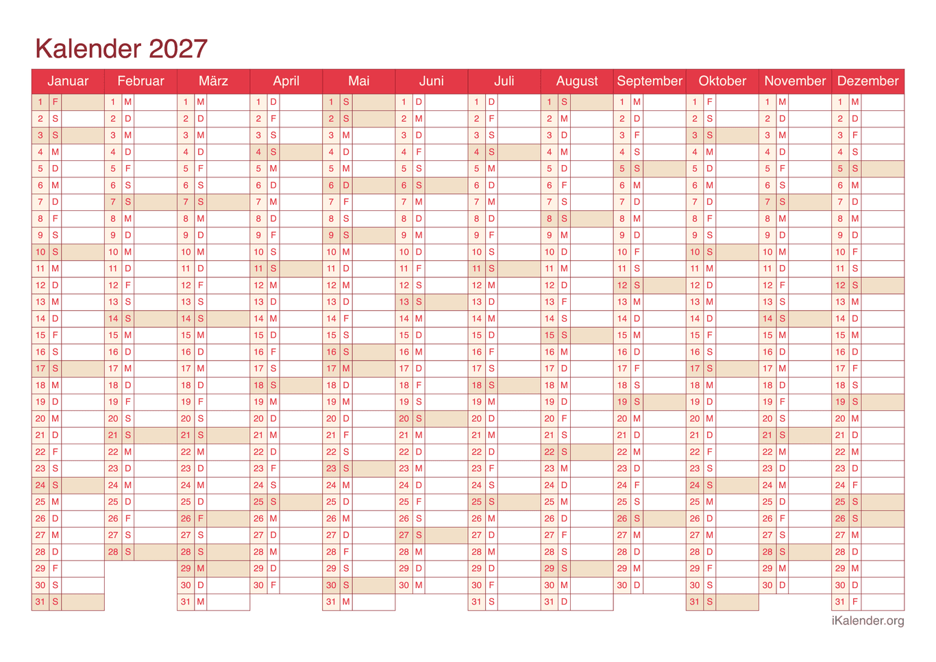 Jahreskalender 2027 - Cherry