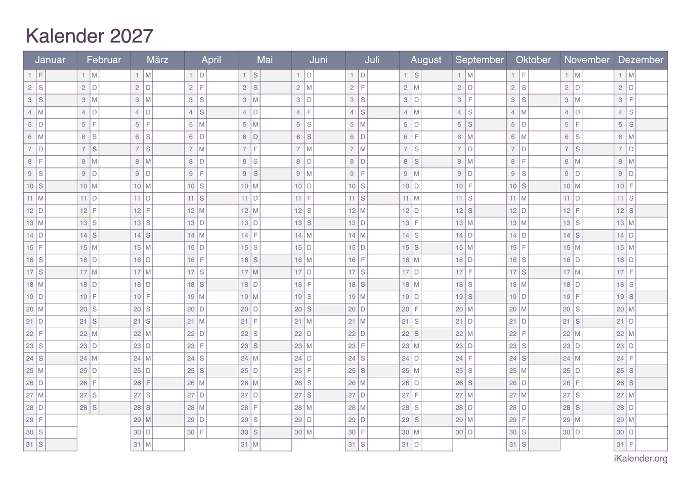 Jahreskalender 2027 - Office