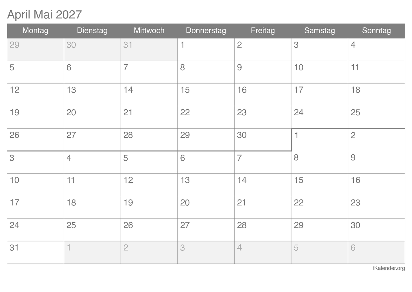 Monatskalender April Mai 2027