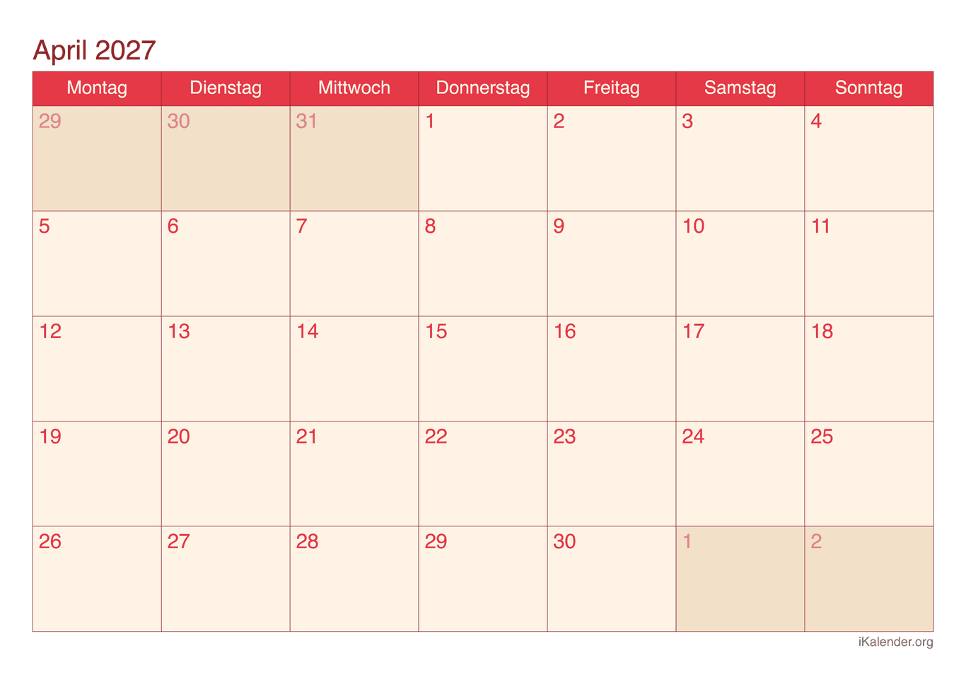 Monatskalender April 2027 - Cherry