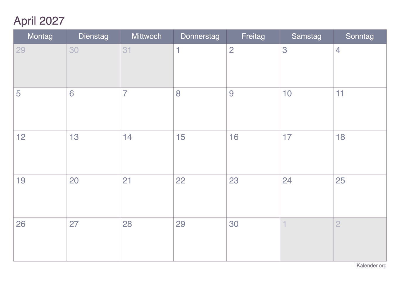 Monatskalender April 2027 - Office
