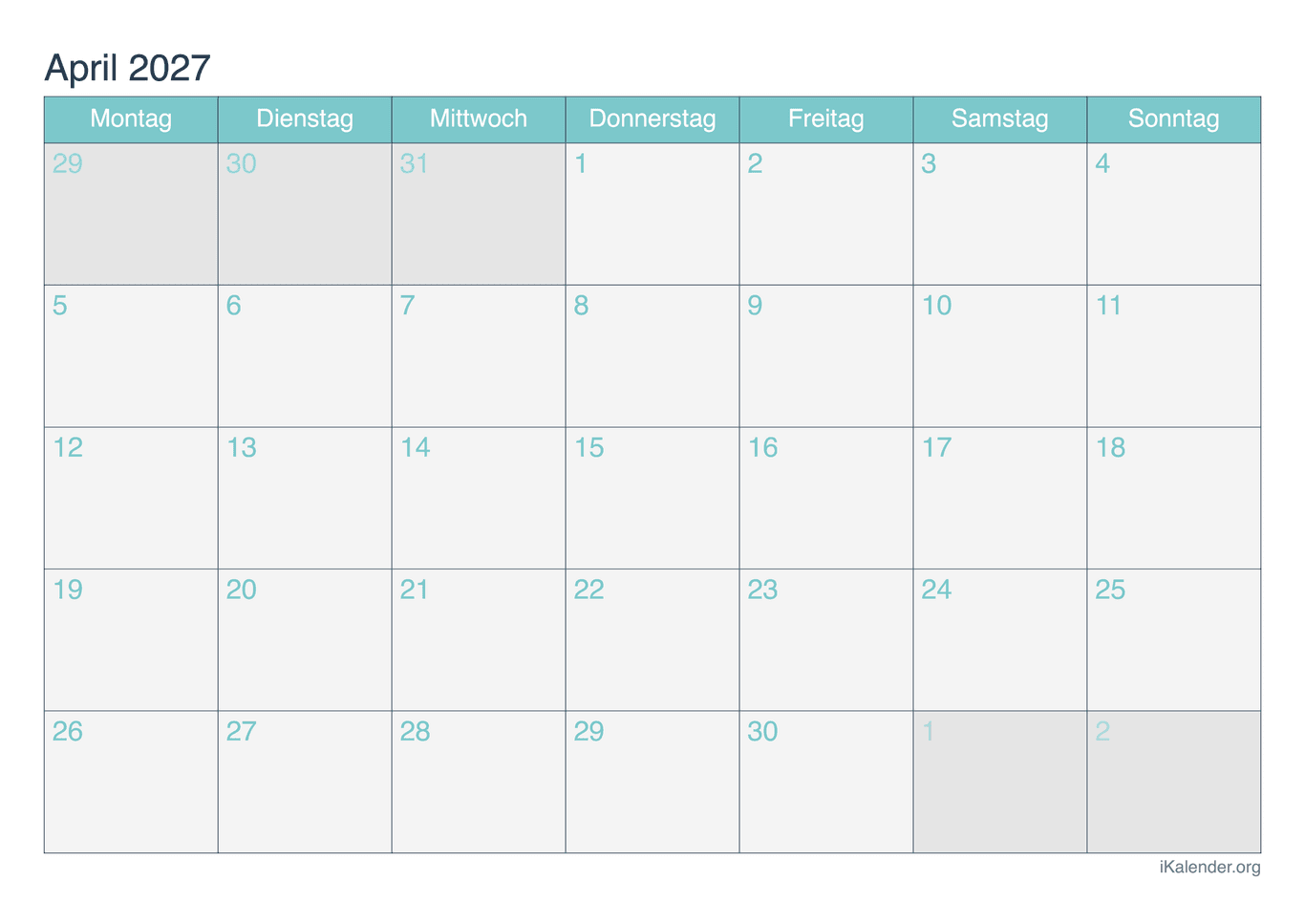 Monatskalender April 2027 - Turkis