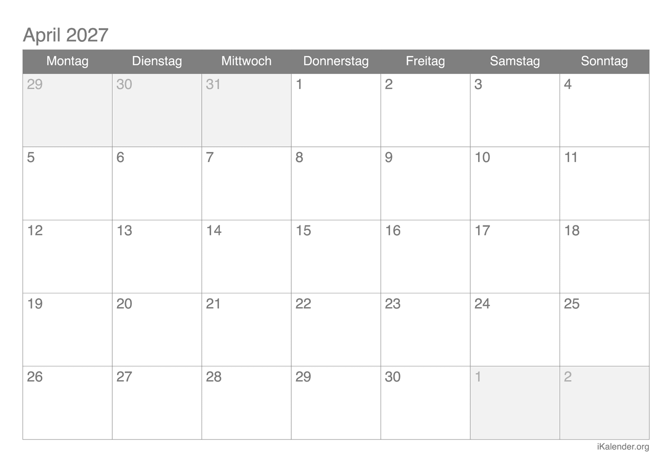 Monatskalender April 2027