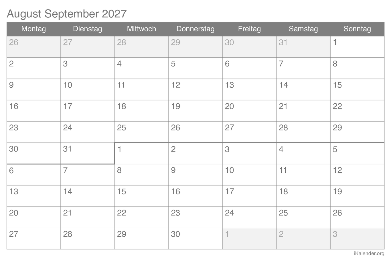 Monatskalender August September 2027