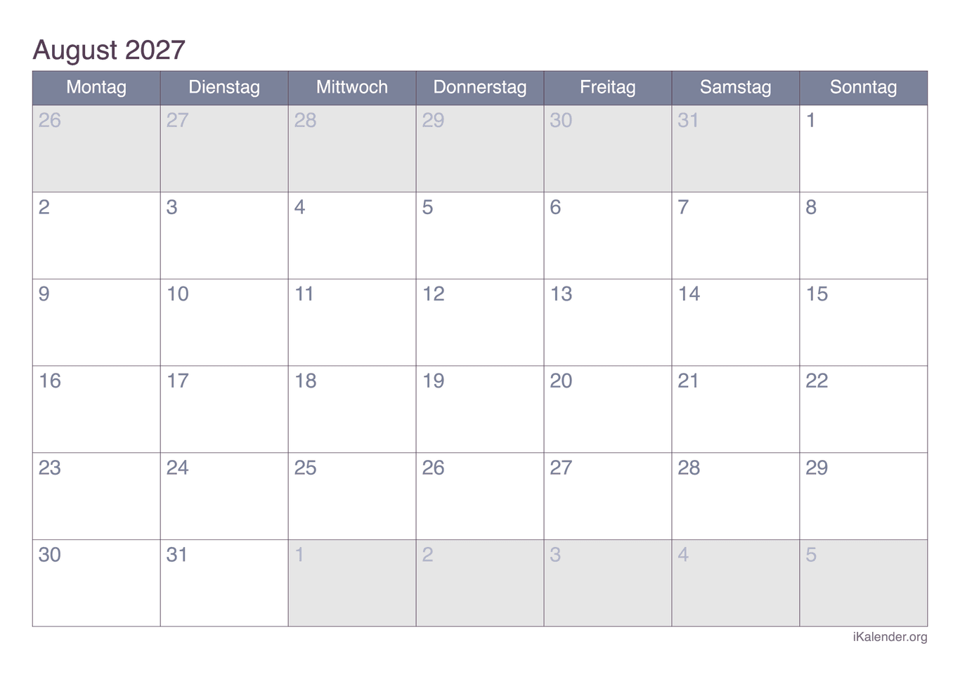 Monatskalender August 2027 - Office