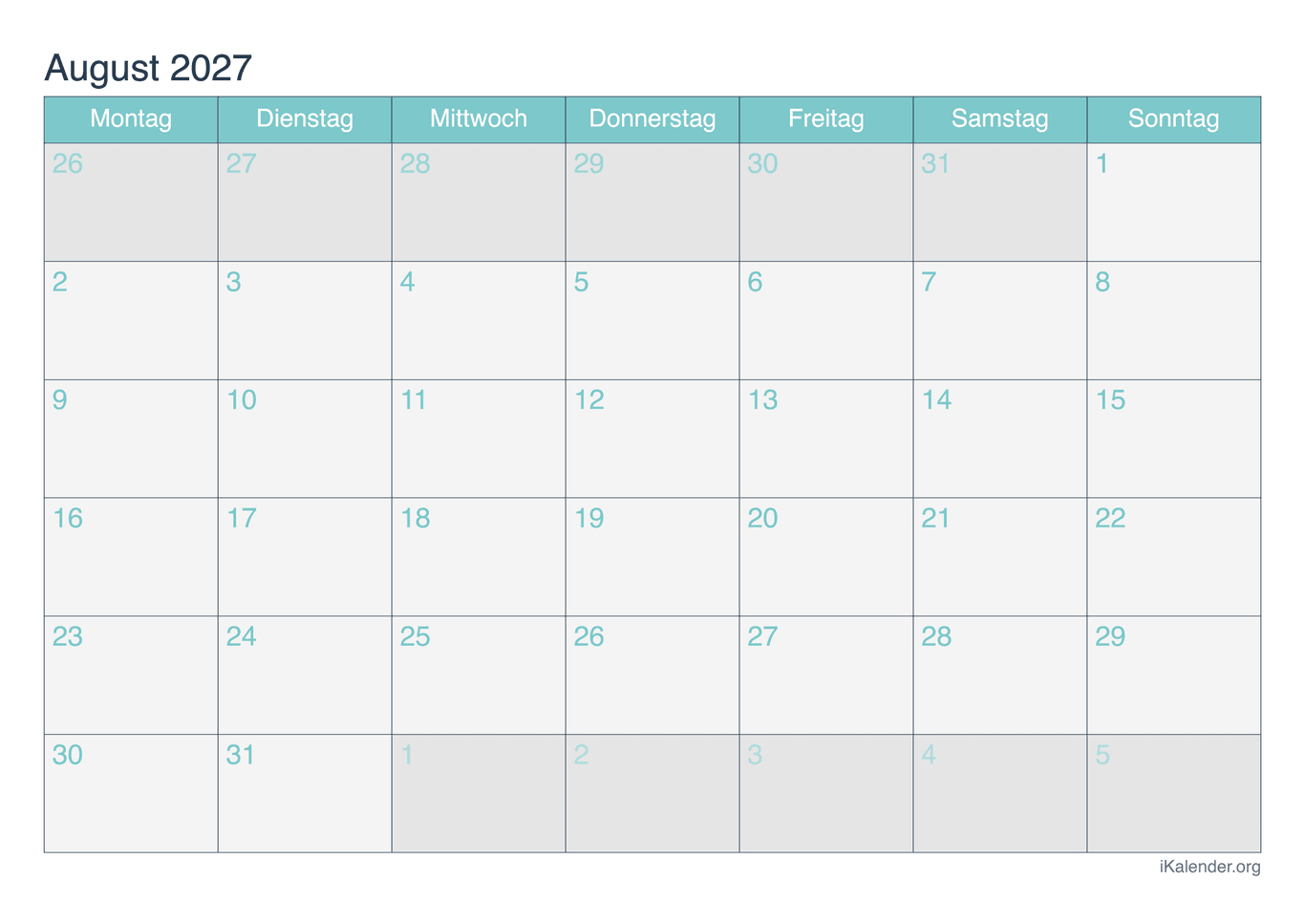 Monatskalender August 2027 - Turkis