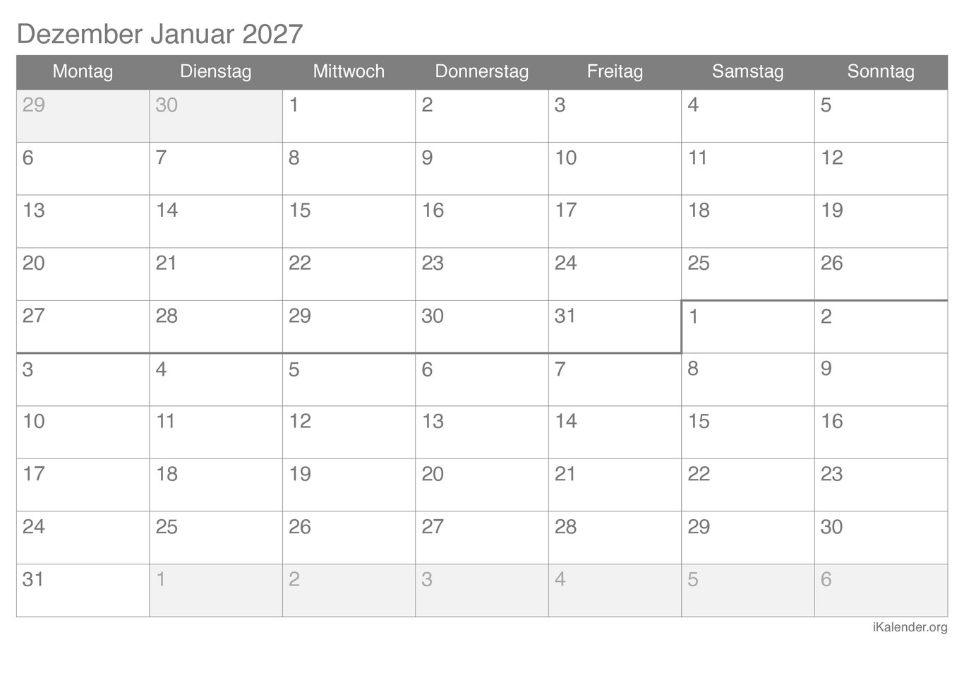 Monatskalender Dezember Januar 2027