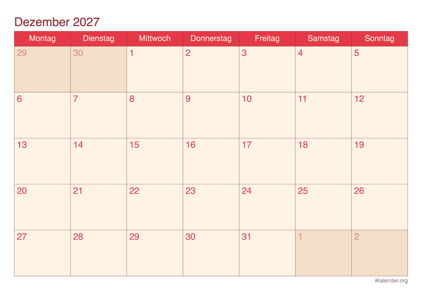 Monatskalender Dezember 2027 - Cherry