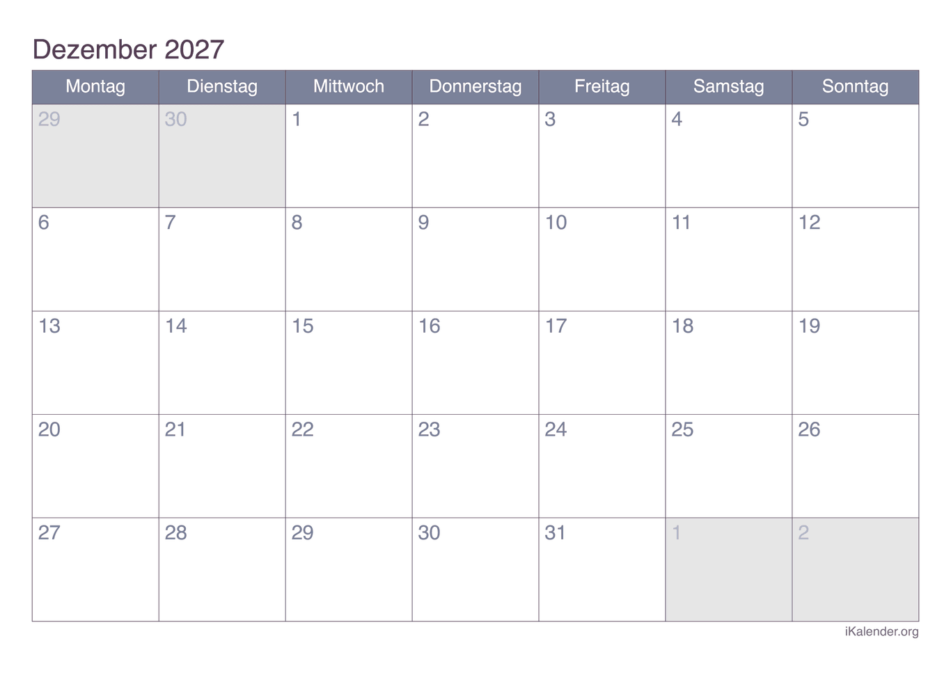 Monatskalender Dezember 2027 - Office