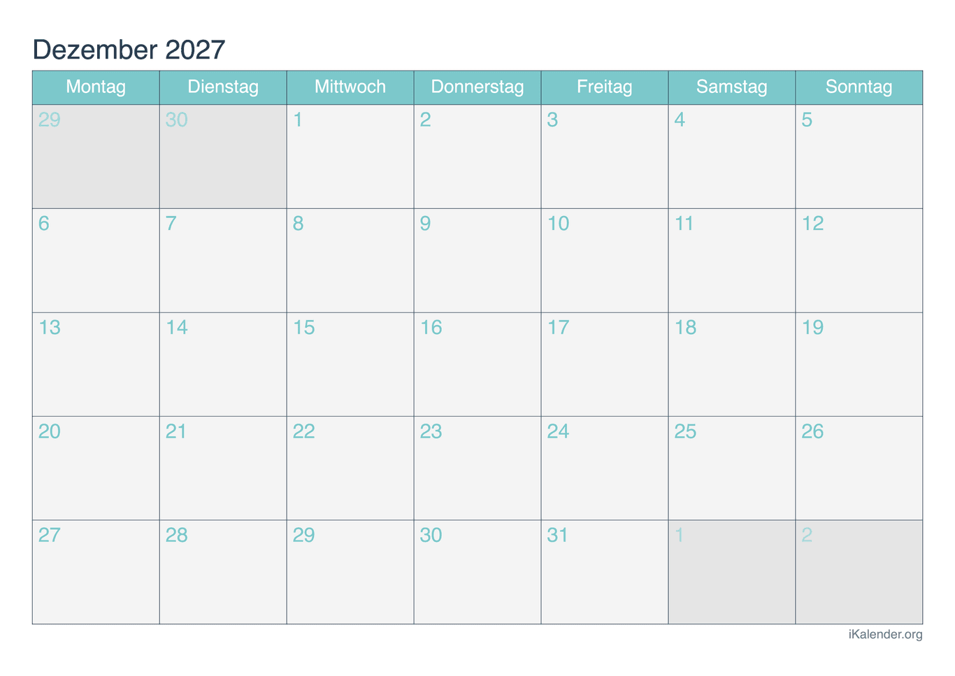 Monatskalender Dezember 2027 - Turkis
