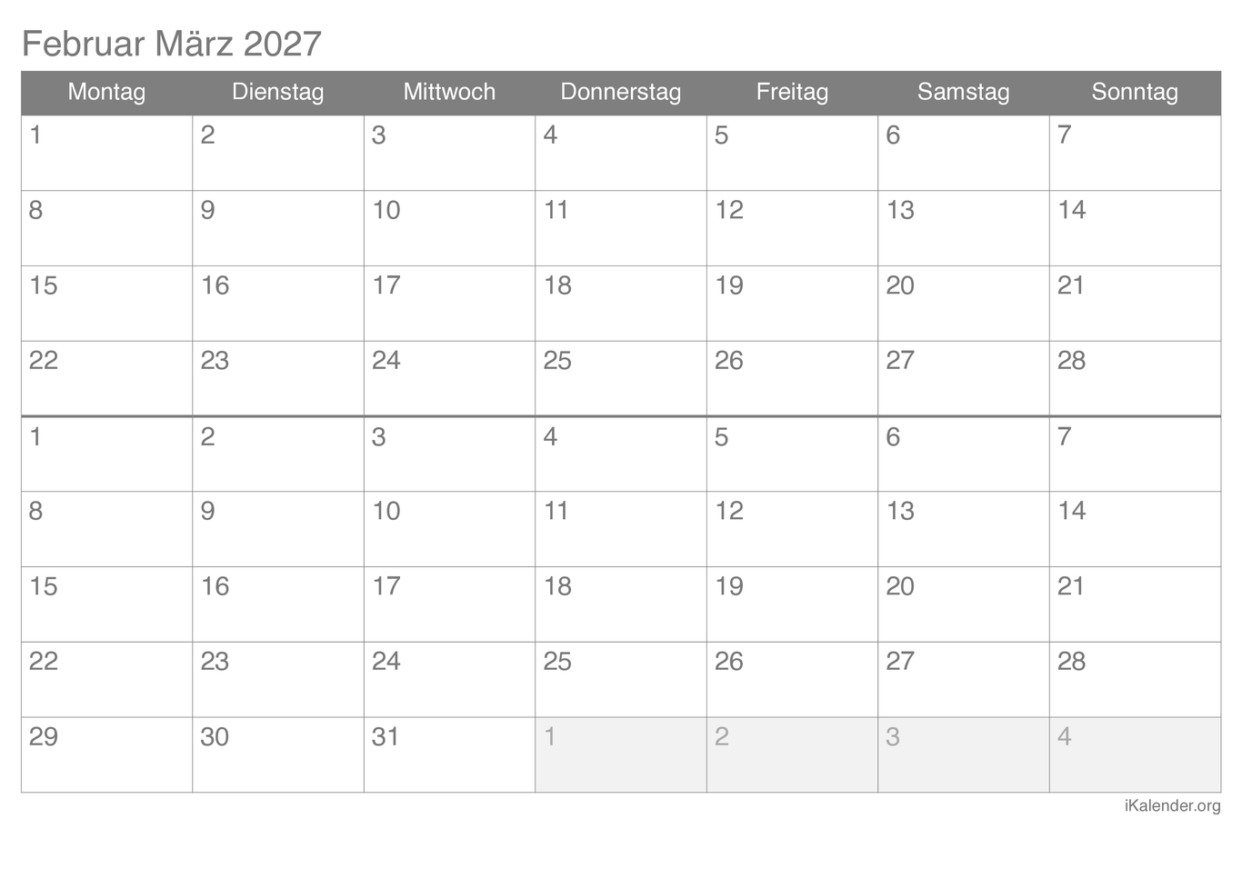 Monatskalender Februar März 2027