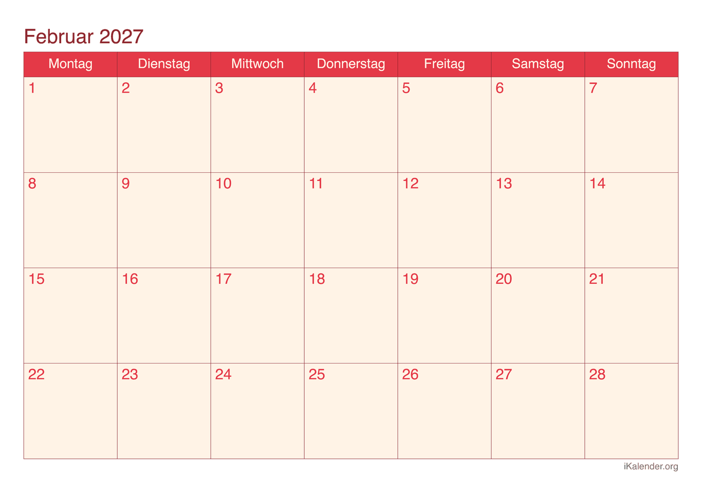 Monatskalender Februar 2027 - Cherry