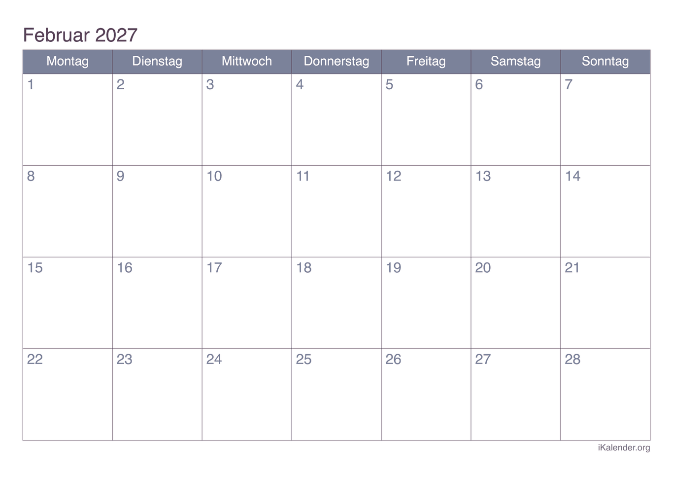 Monatskalender Februar 2027 - Office
