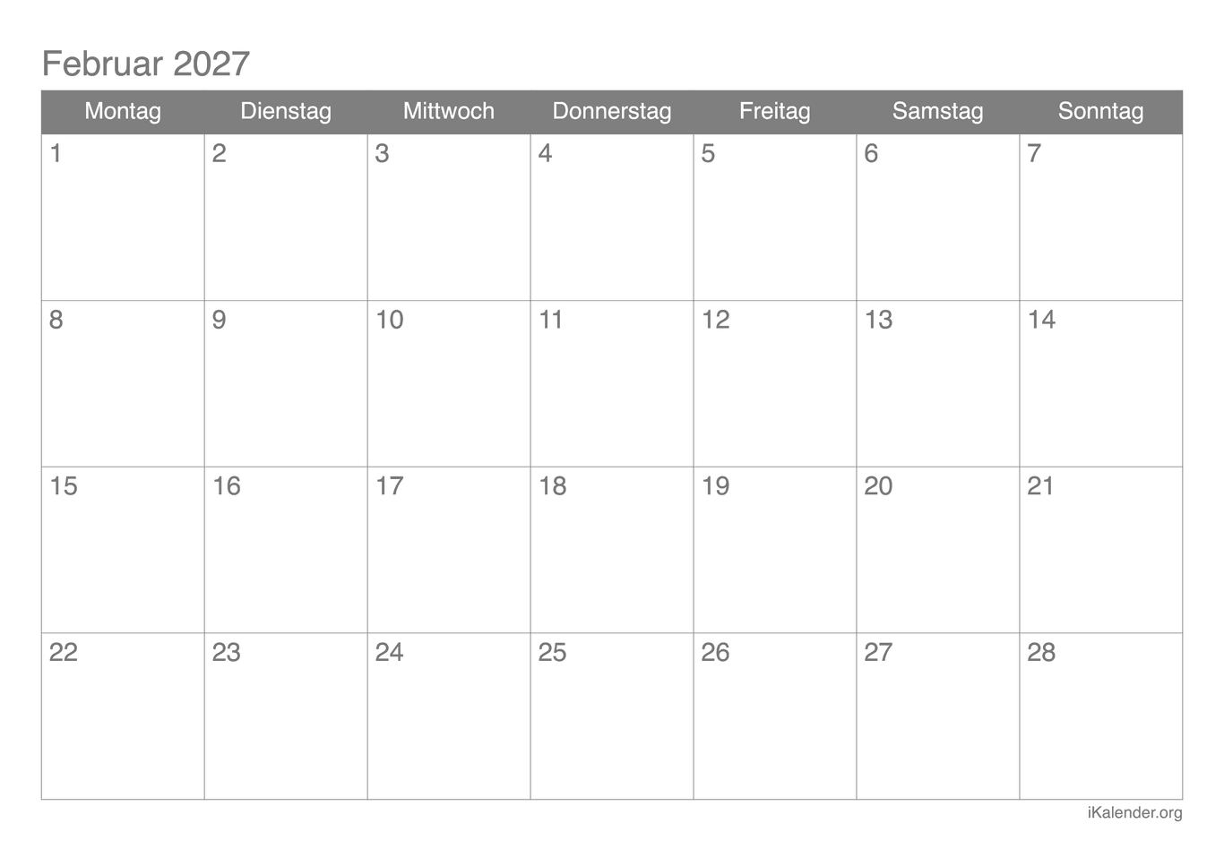 Monatskalender Februar 2027