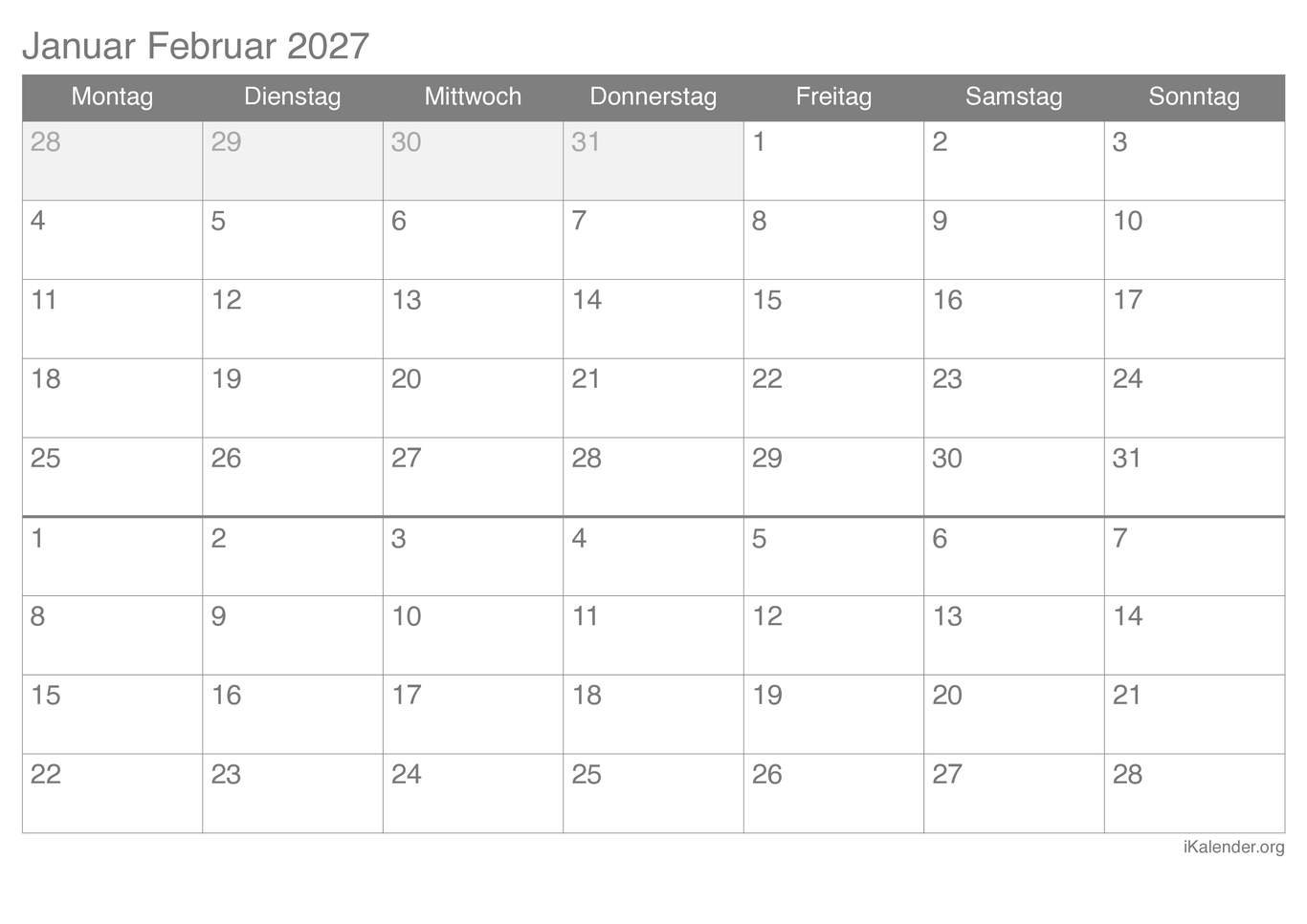 Monatskalender Januar Februar 2027