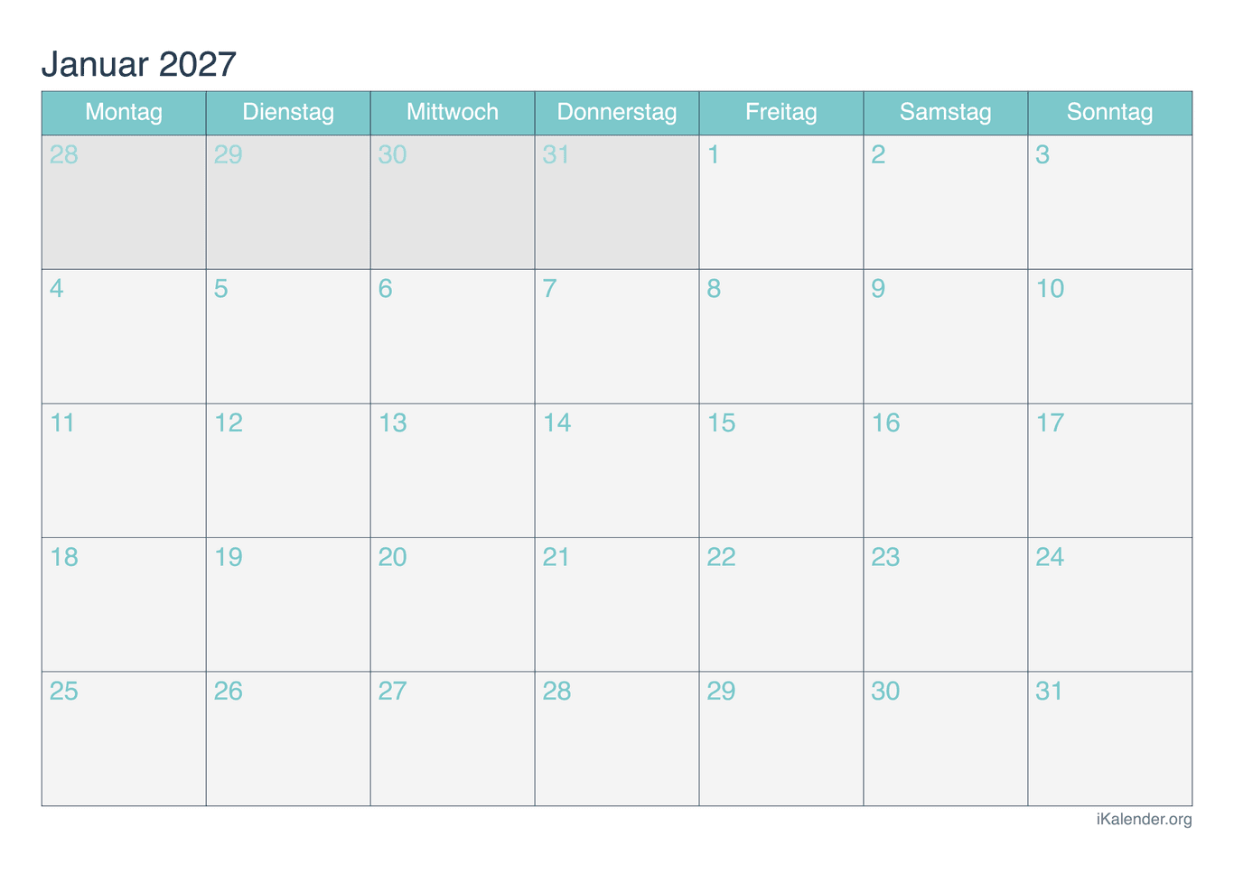 Monatskalender Januar 2027 - Turkis