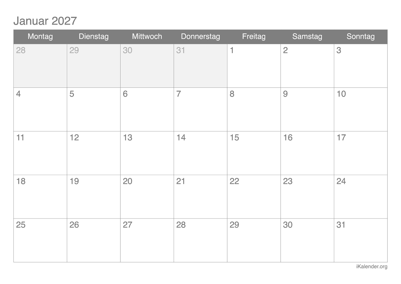 Monatskalender Januar 2027