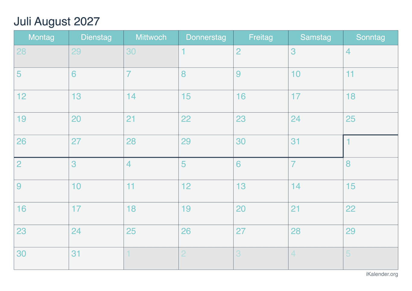 Monatskalender Juli August 2027 - Turkis
