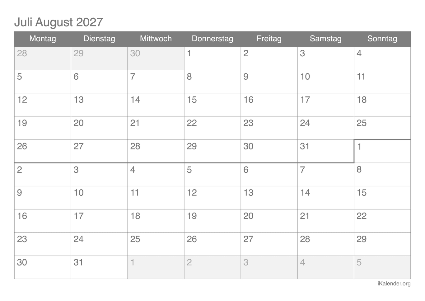 Monatskalender Juli August 2027