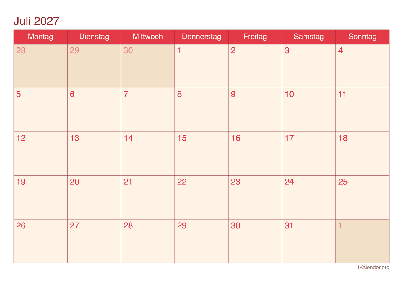 Monatskalender Juli 2027 - Cherry