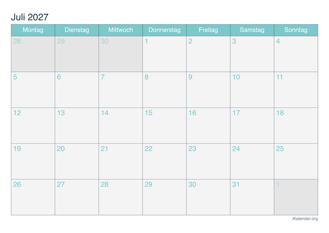 Monatskalender Juli 2027 - Turkis