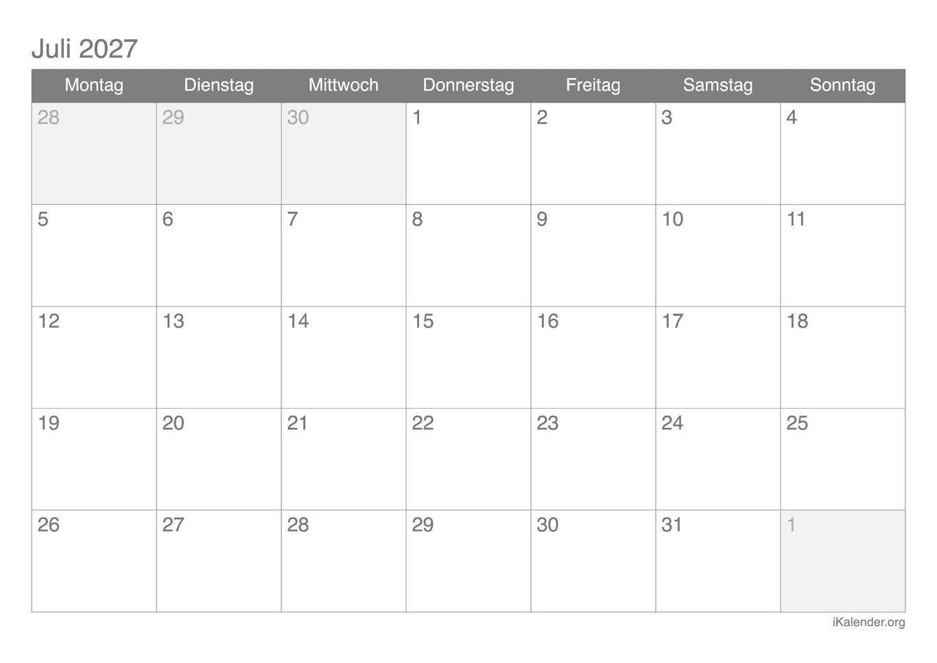 Monatskalender Juli 2027