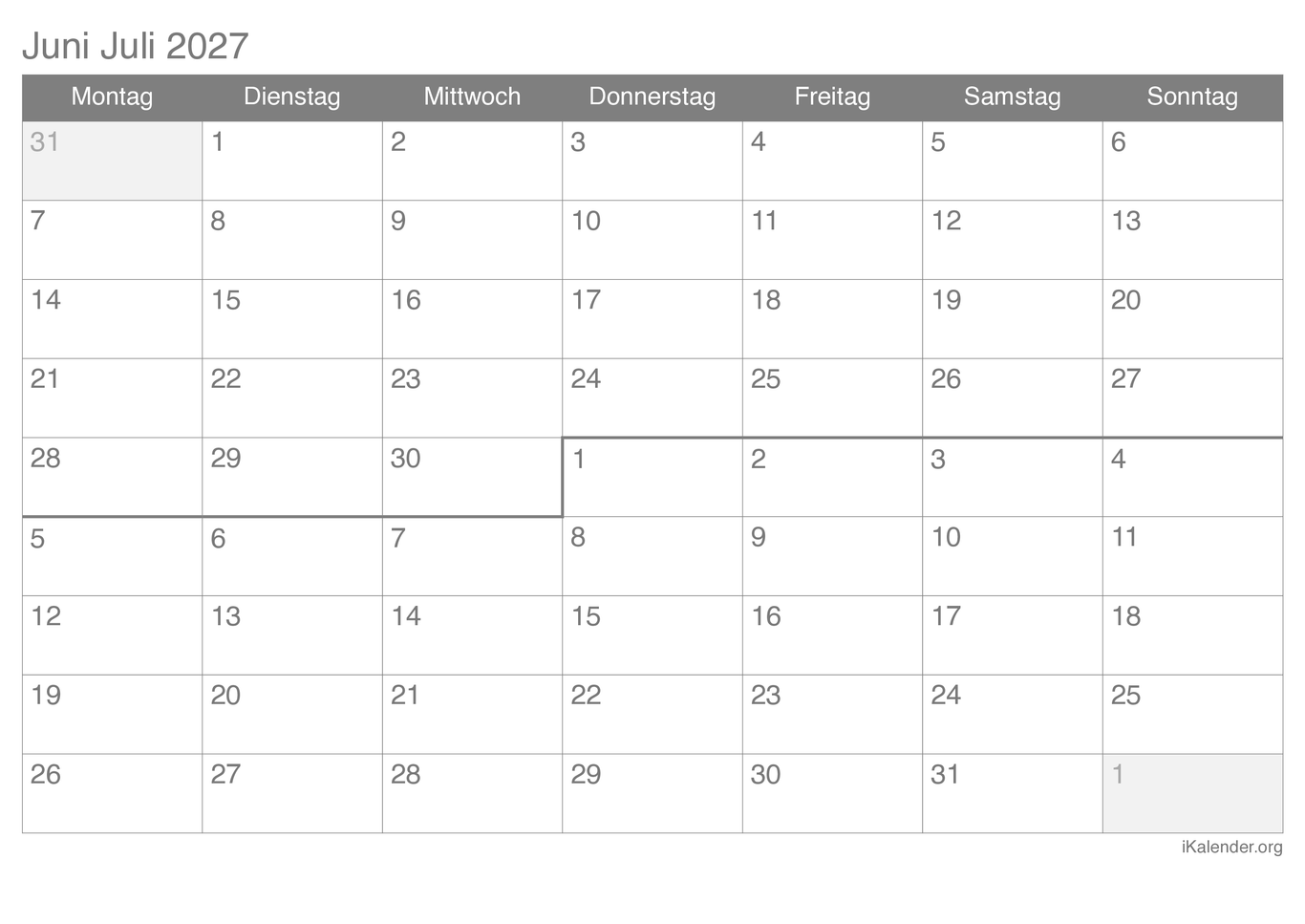 Monatskalender Juni Juli 2027