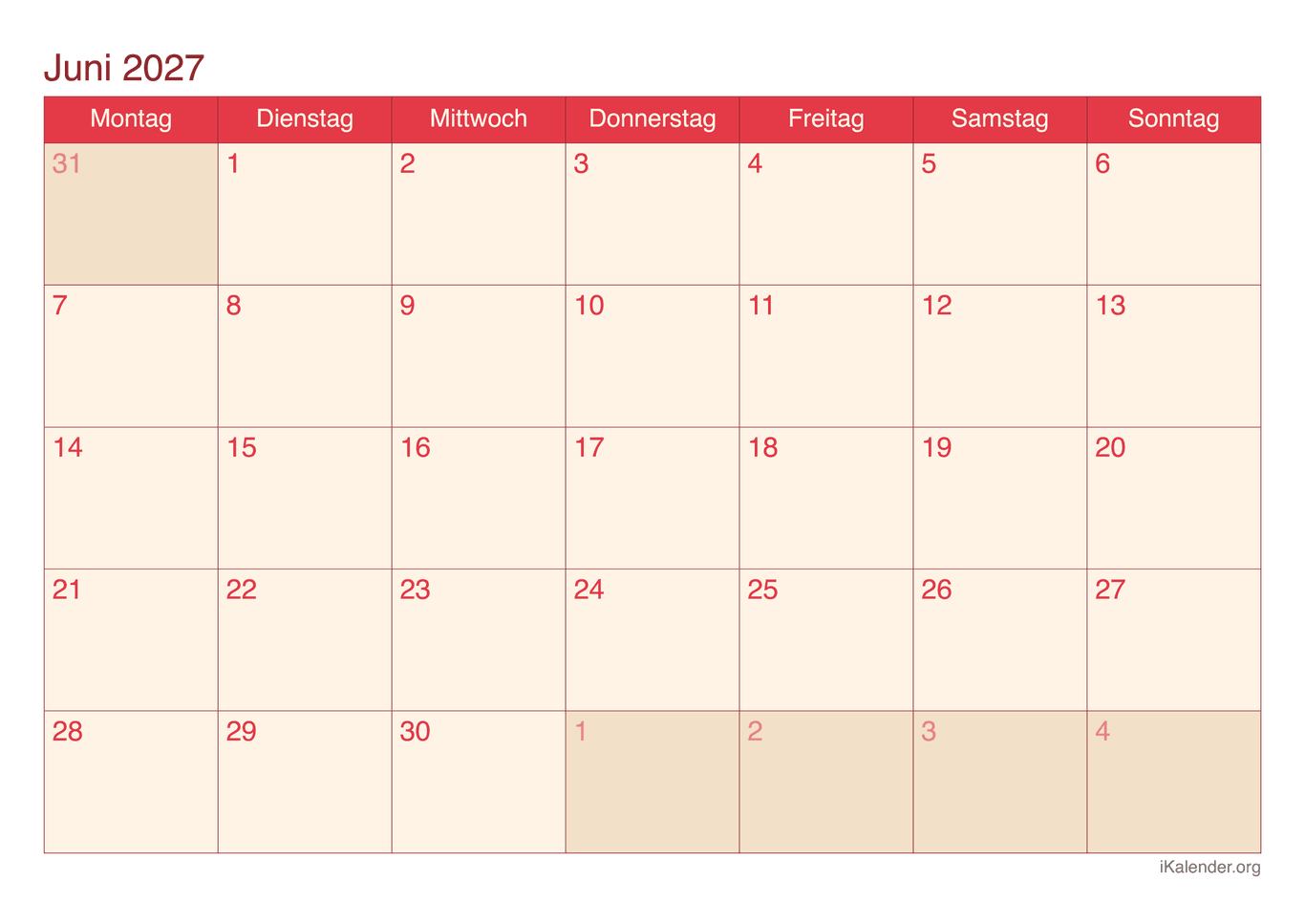 Monatskalender Juni 2027 - Cherry