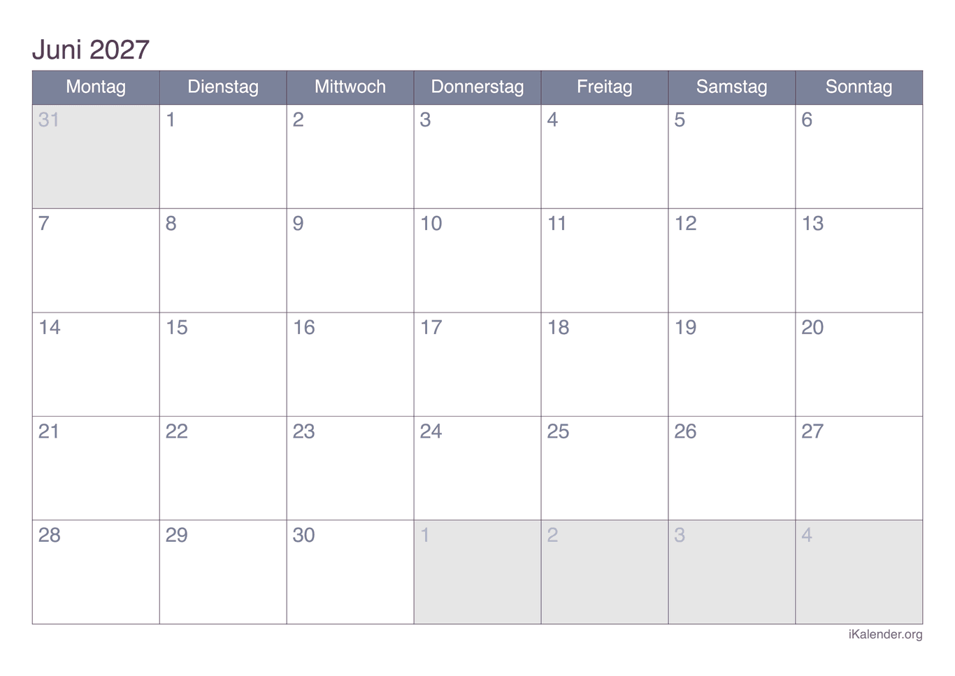 Monatskalender Juni 2027 - Office