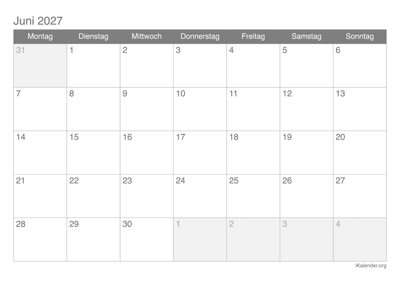 Monatskalender Juni 2027