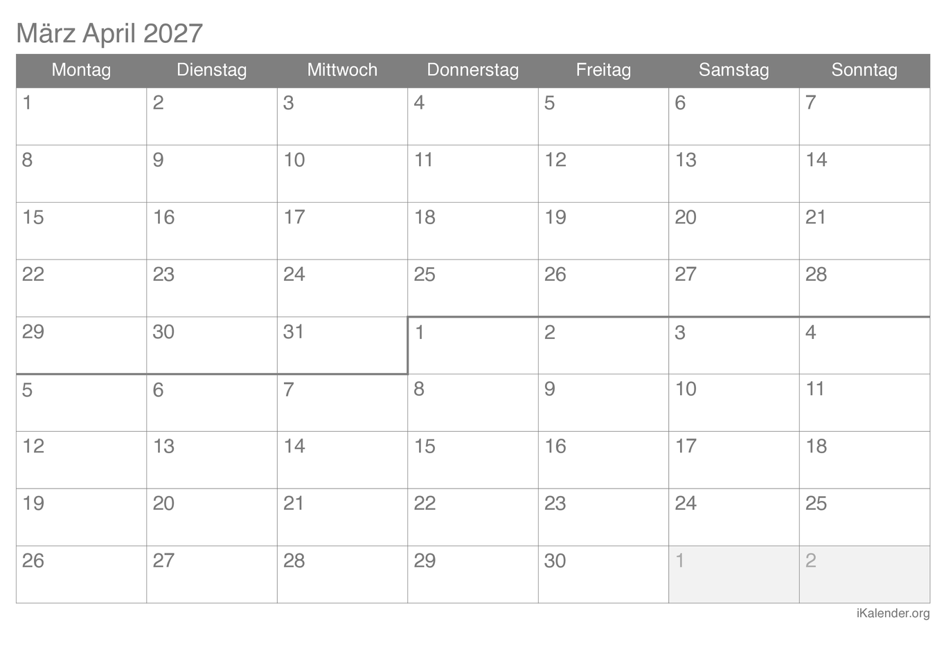 Monatskalender März April 2027