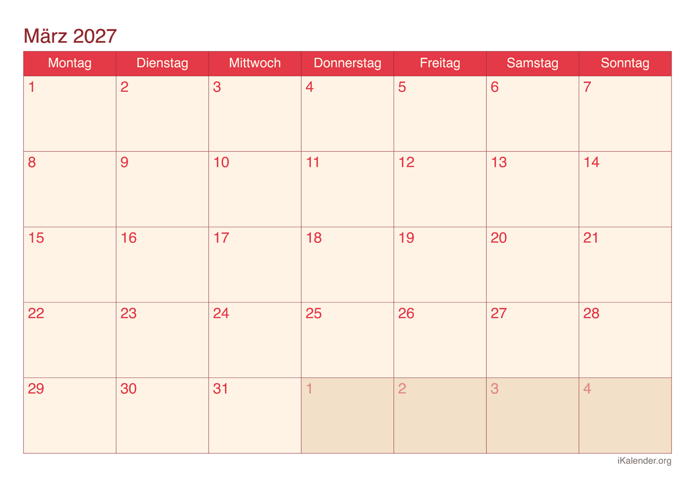 Monatskalender März 2027 - Cherry