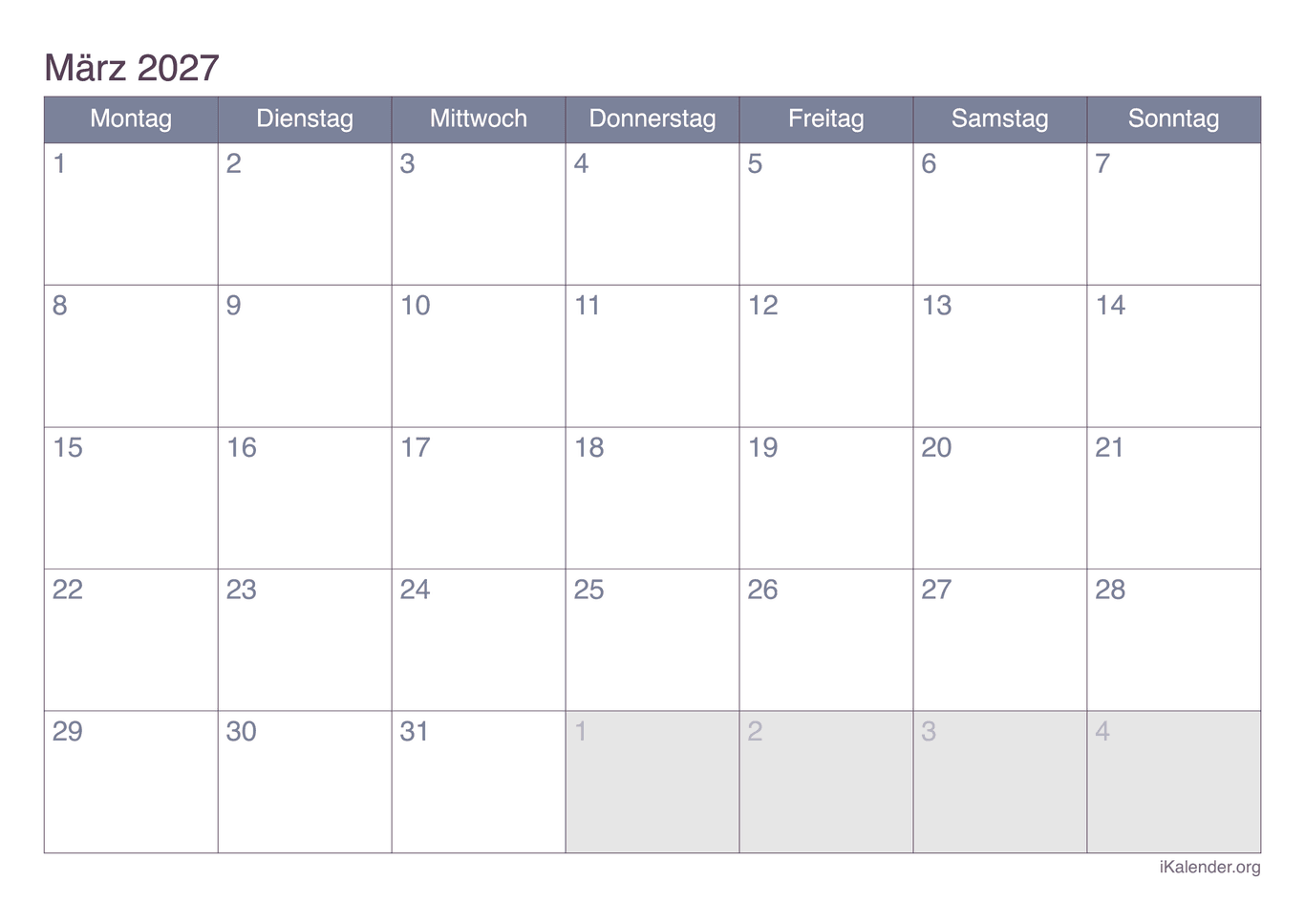 Monatskalender März 2027 - Office