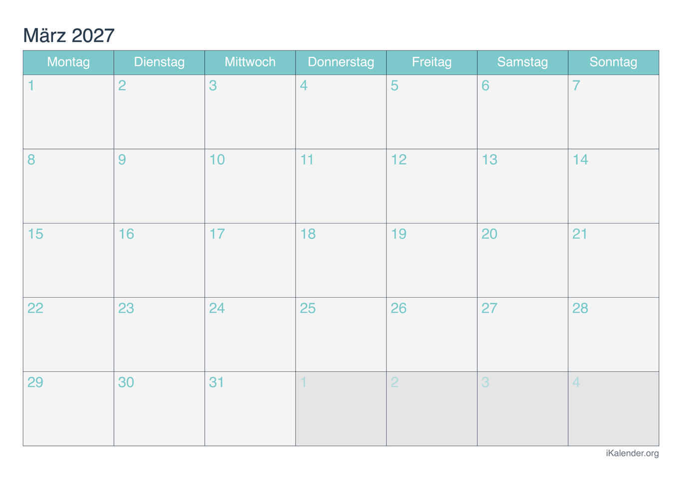 Monatskalender März 2027 - Turkis