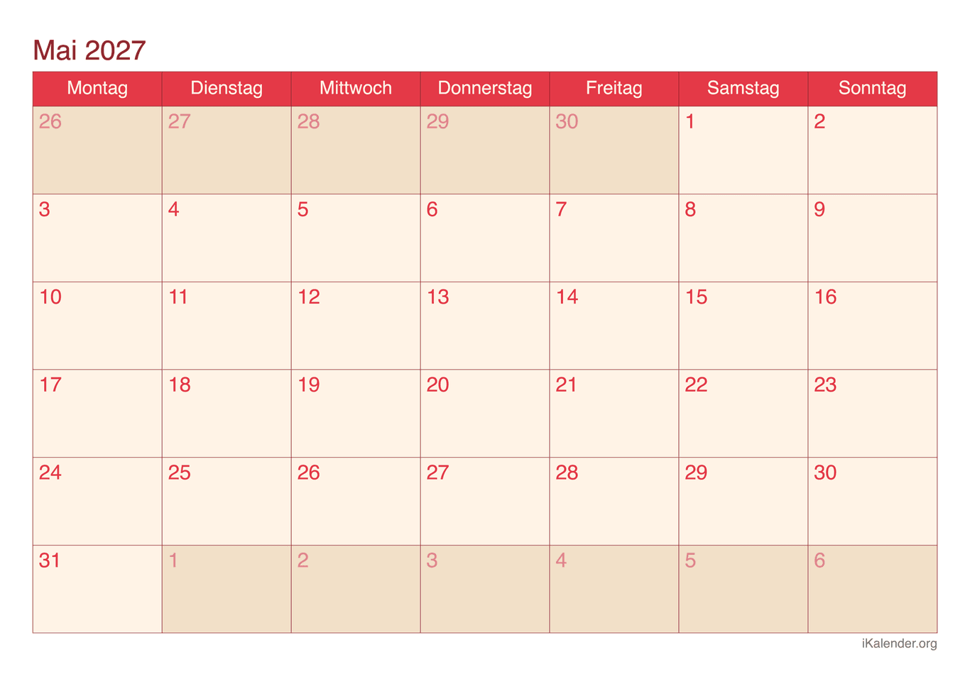 Monatskalender Mai 2027 - Cherry