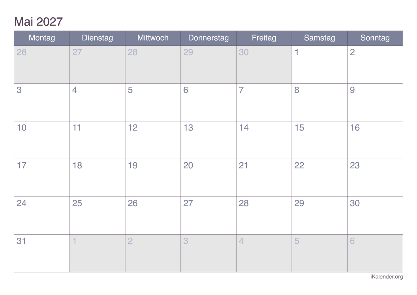 Monatskalender Mai 2027 - Office