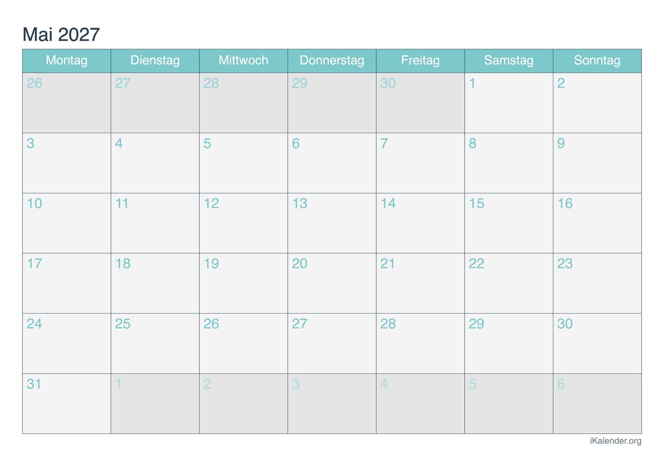 Monatskalender Mai 2027 - Turkis
