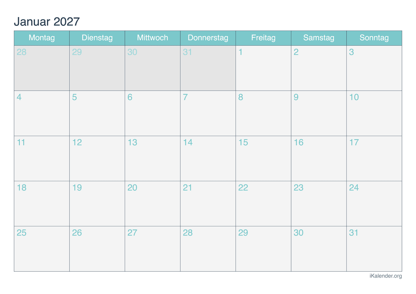 Monatskalender 2027 - Turkis