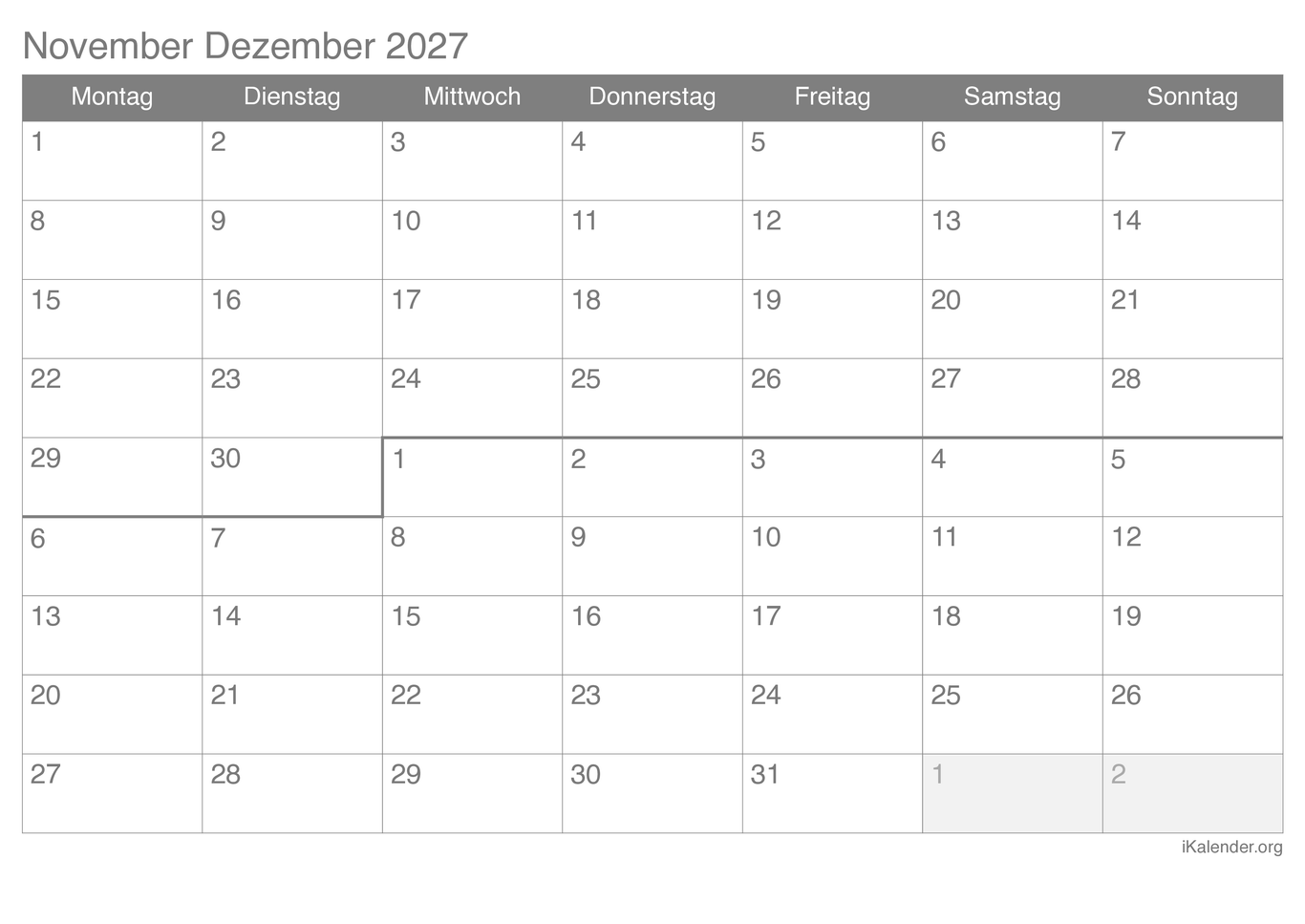 Monatskalender November Dezember 2027