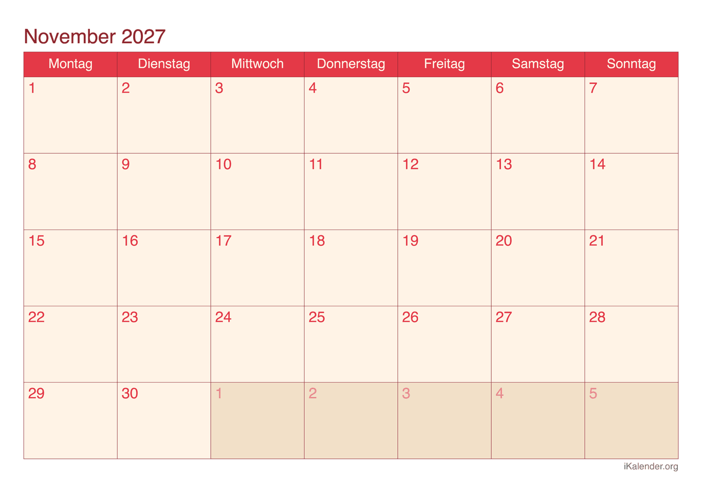 Monatskalender November 2027 - Cherry