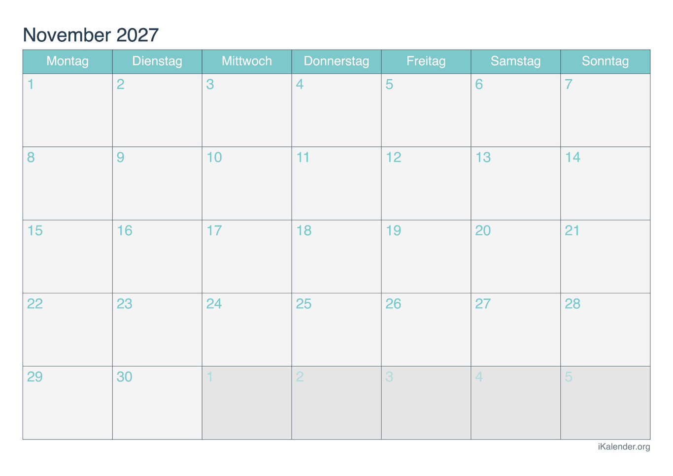 Monatskalender November 2027 - Turkis