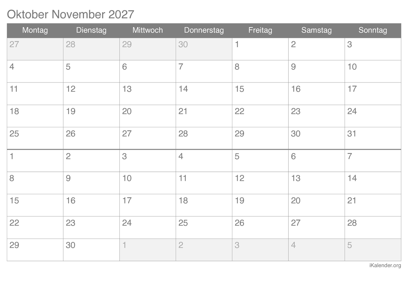 Monatskalender Oktober November 2027
