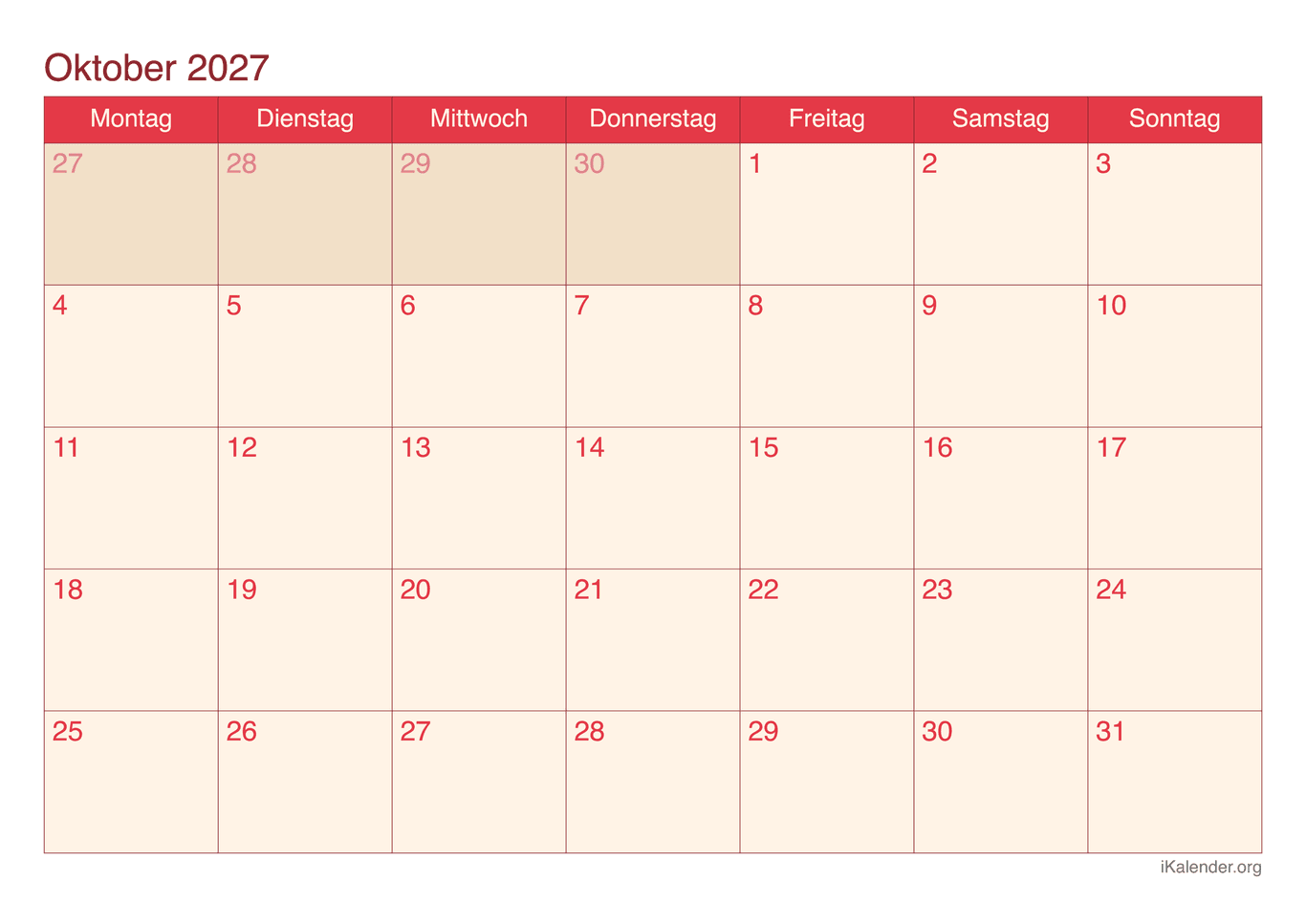 Monatskalender Oktober 2027 - Cherry